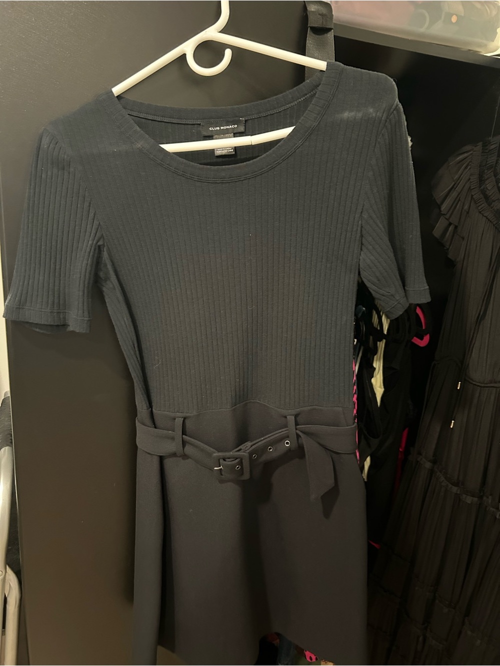 Club Monaco NAVY Ribbed Short-Sleeve Belted Midi Dress